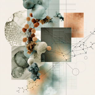 Collage scientifique de cellules et molécules représentant le microbiote intestinal et la régulation métabolique