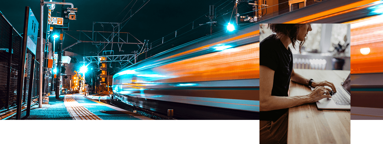 Train en mouvement et femme travaillant tard illustrant le stress et son impact sur la digestion