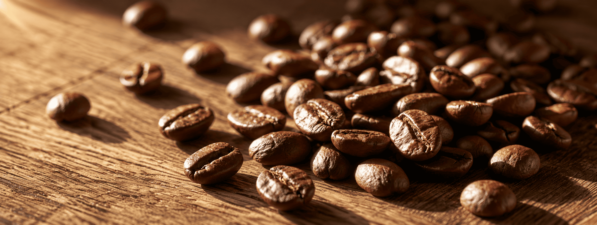 Grains de café entiers baignés de lumière dorée, illustration d'ouverture sur l'habitude quotidienne du café