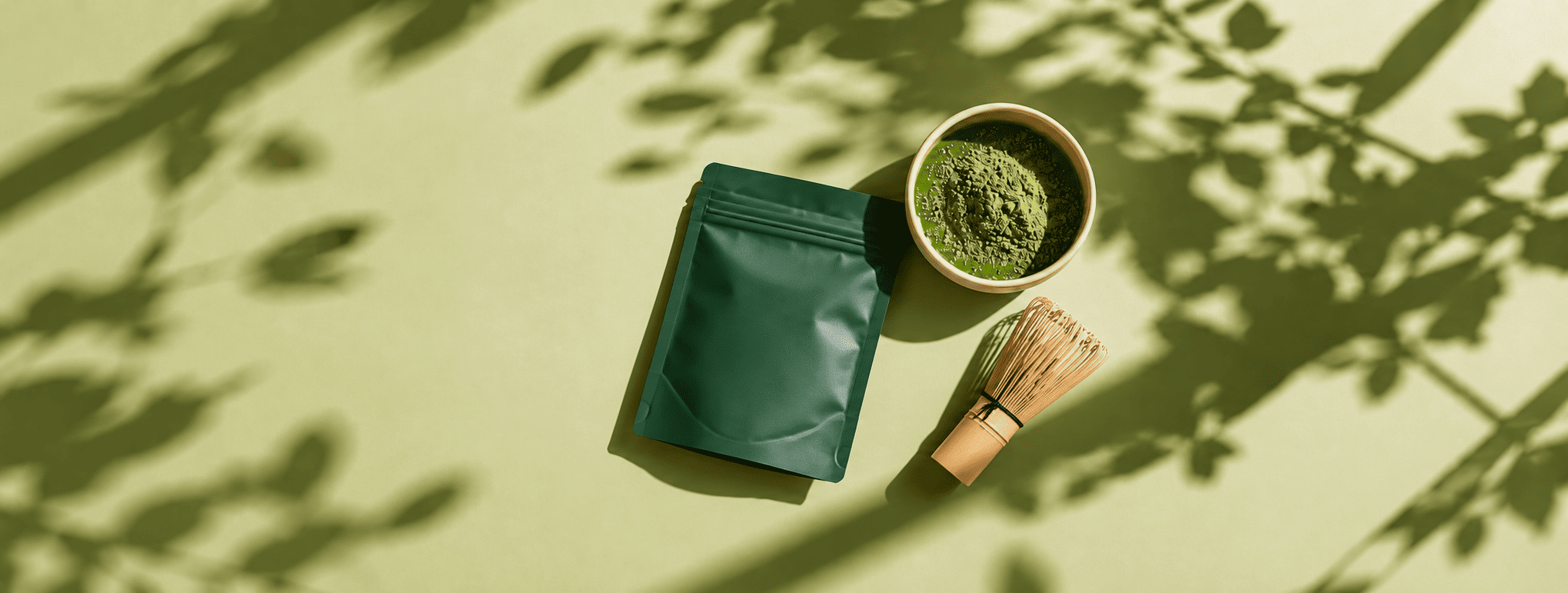 Sachet de matcha vert forêt accompagné d'un fouet en bambou, à propos de sa teneur en caféine par rapport au café