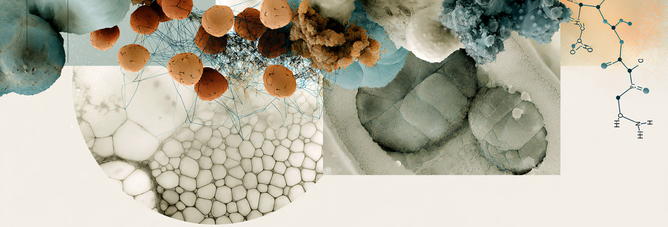 Collage scientifique de cellules et de structures moléculaires illustrant le rôle d'Akkermansia muciniphila dans le métabolisme