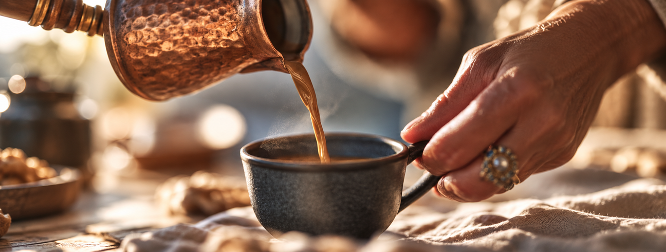 Alternative au café, personne qui se sert de café dans une tasse en céramique