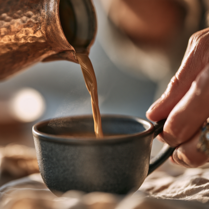 Alternative au café, personne qui se sert de café dans une tasse en céramique