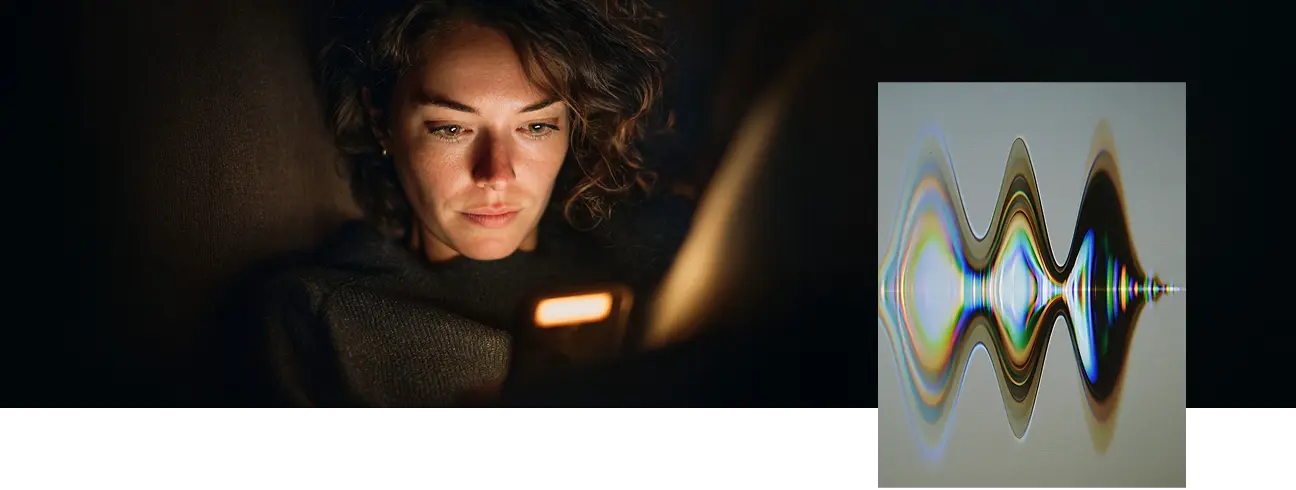 Femme exposée à un écran la nuit avec visualisation des ondes lumineuses bleues qui retardent l'endormissement et désynchronisent l'horloge biologique