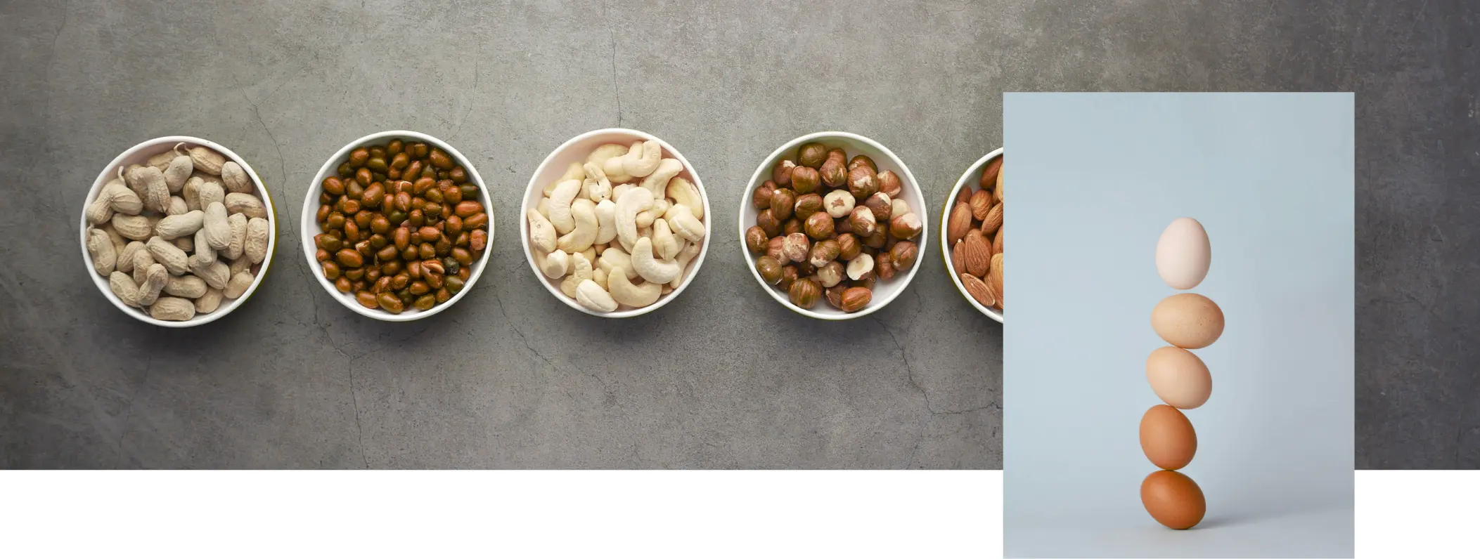 Variété d'aliments riches en acides gras insaturés et protéines : bols contenant cacahuètes, lentilles corail, noix de cajou, noisettes, amandes et œufs, sources essentielles de lipides sains et protéines pour la nutrition sportive.