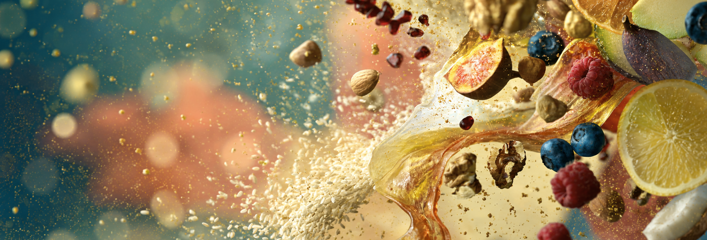 Macronutriments pour le sport : fruits frais, baies colorées et oléagineux entourés de motifs dorés, représentant glucides, lipides et protéines essentiels à la nutrition sportive et la récupération.