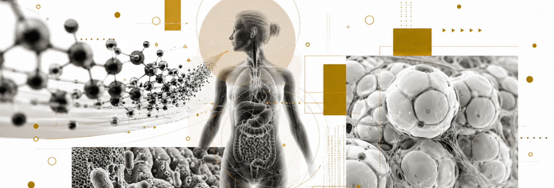 Composition scientifique illustrant le lien entre microbiote intestinal, cellules graisseuses, molécules et organes dans la régulation globale du métabolisme
