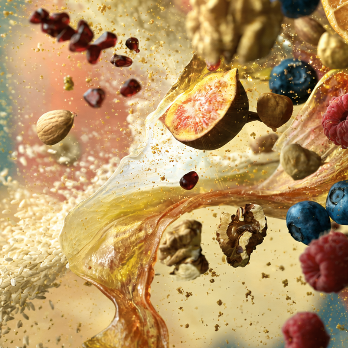 Composition 3D de fruits et oléagineux représentant les macronutriments de la nutrition sportive : figues, framboises, myrtilles, amandes et graines dans une illustration dorée symbolisant l'énergie et la performance athlétique.