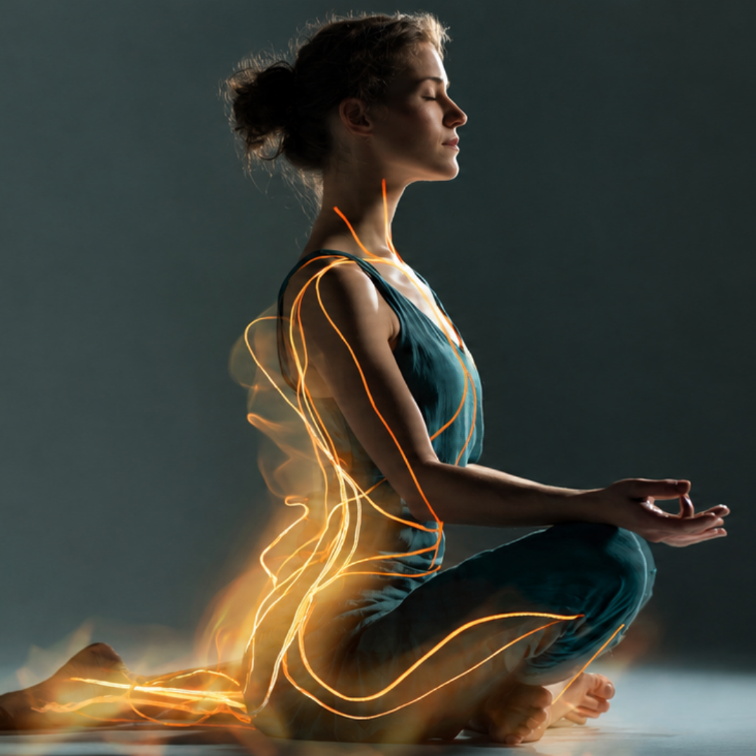  Femme en méditation traversée de lignes lumineuses, illustrant l'apaisement du système immunitaire par les résolvines