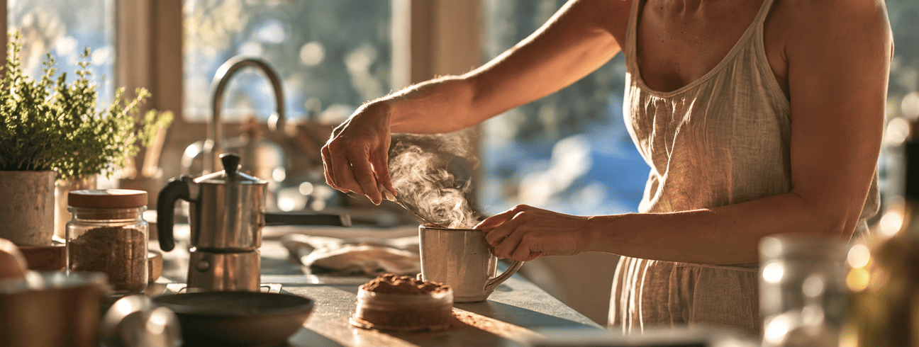 Femme se préparant une boisson chaude près d'une fenêtre un matin d'hiver, illustration du réflexe matinal autour du café