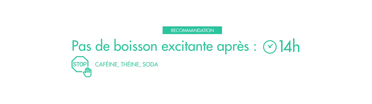 Infographie conseillant d'éviter café, thé et sodas après 14h pour réduire le cortisol le soir et faciliter l'endormissement