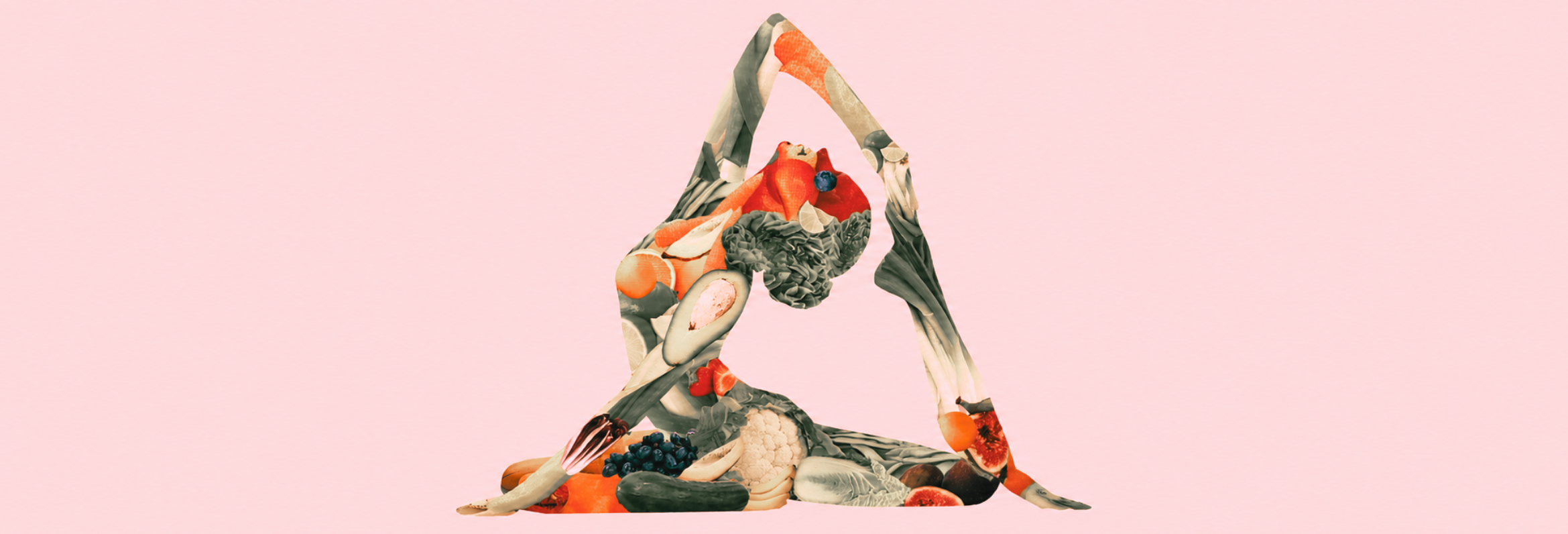  Silhouette en posture de yoga composée de fruits et légumes, illustrant l'équilibre alimentaire pendant la détoxification