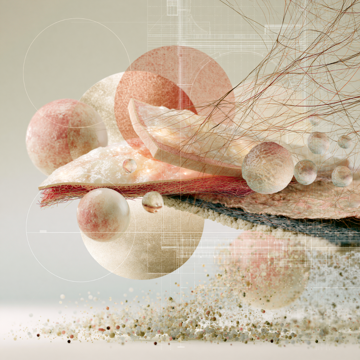 Collage abstrait de textures cellulaires et de fibres illustrant les trois couches de la peau