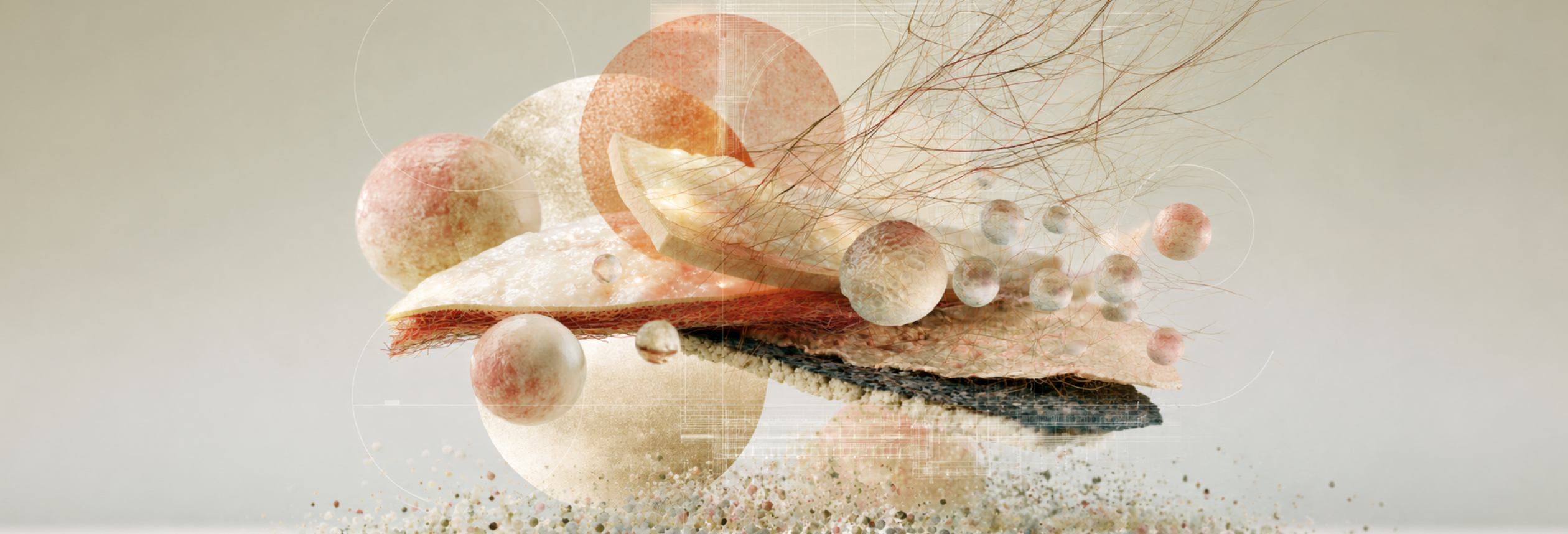 Collage abstrait de textures cellulaires et de fibres illustrant les trois couches de la peau