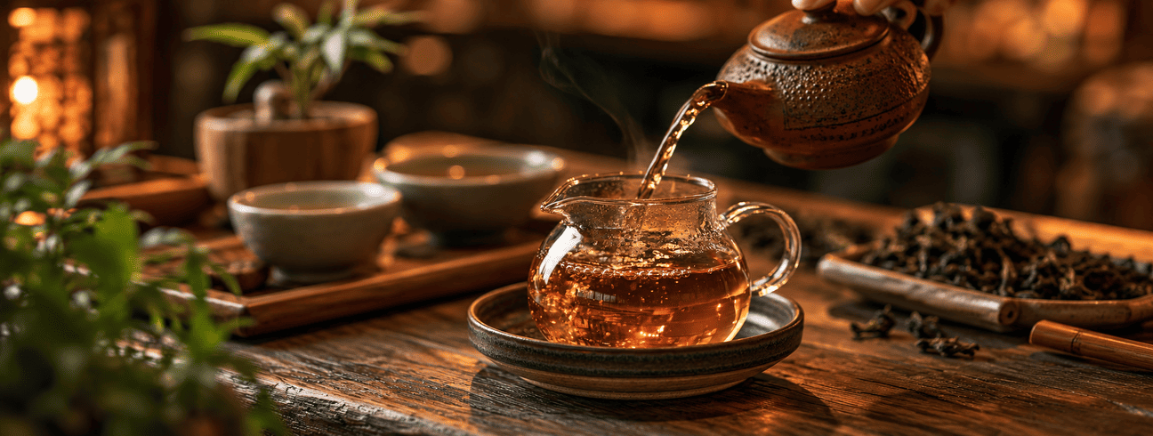 Théière ambrée versant une infusion chaude dans une tasse, sur une table en bois, illustration des alternatives comme la chicorée ou le rooibos